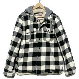 Levi Strauss Men's Coat Large Black White Plaid Button Up Zip Closure w/Hood